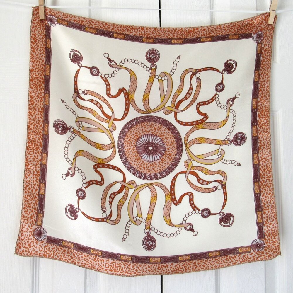 Ribbons Heart Charms Chains SCARF Silky Brown Vintage Style Elegant